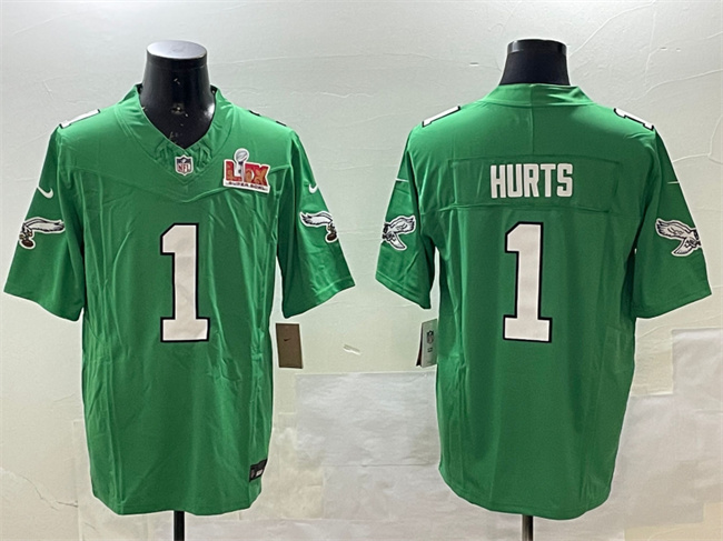 Personalized Men’s Philadelphia Eagles #1 Jalen Hurts Green 2025 Super Bowl LIX Patch F.U.S.E. Throwback Untouchable Limited Stitched Football Jersey