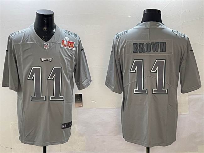 Personalized Men’s Philadelphia Eagles #11 A. J. Brown Grey 2025 Super Bowl LIX Patch Atmosphere Fashion Untouchable Limited Stitched Football Jersey