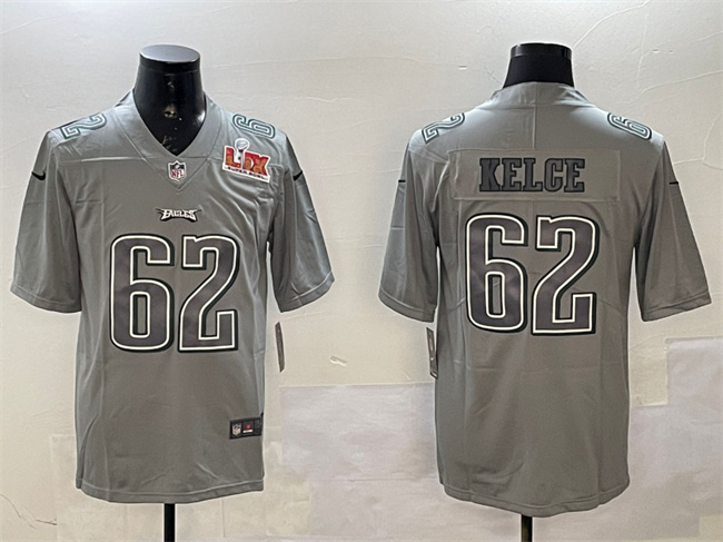 Personalized Men’s Philadelphia Eagles #62 Jason Kelce Grey 2025 Super Bowl LIX Patch Atmosphere Fashion Untouchable Limited Stitched Football Jersey