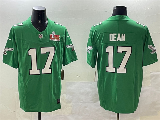 Personalized Men’s Philadelphia Eagles #17 Nakobe Dean Green 2025 Super Bowl LIX Patch F.U.S.E. Throwback Untouchable Limited Stitched Football Jersey