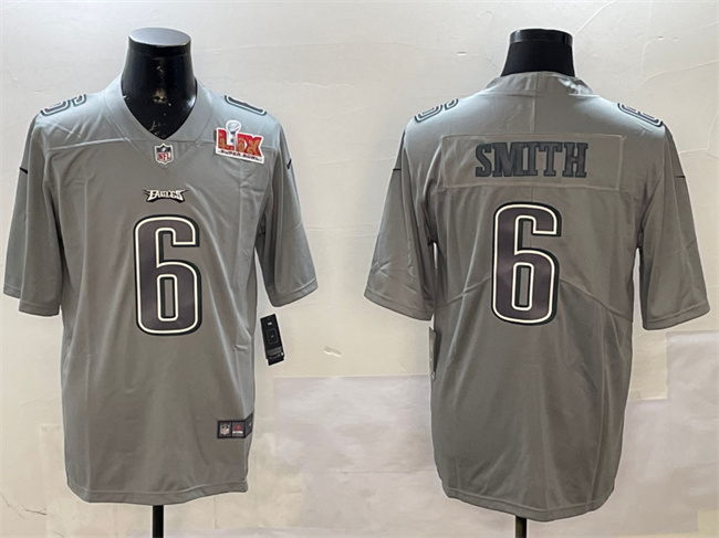 Personalized Men’s Philadelphia Eagles #6 DeVonta Smith Grey 2025 Super Bowl LIX Patch Atmosphere Fashion Untouchable Limited Stitched Football Jersey