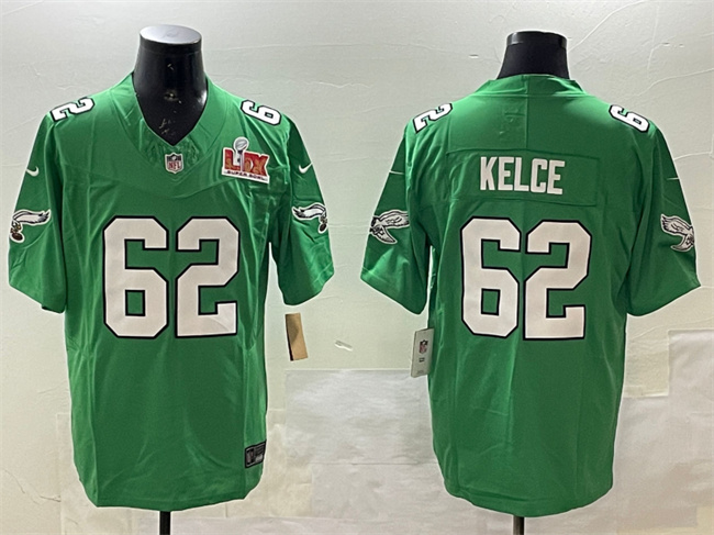 Personalized Men’s Philadelphia Eagles #62 Jason Kelce Green 2025 Super Bowl LIX Patch F.U.S.E. Throwback Untouchable Limited Stitched Football Jersey