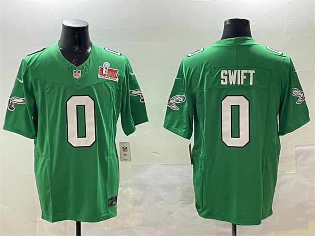 Personalized Men’s Philadelphia Eagles #0 D’Andre Swift Green 2025 Super Bowl LIX Patch F.U.S.E. Throwback Untouchable Limited Stitched Football Jersey