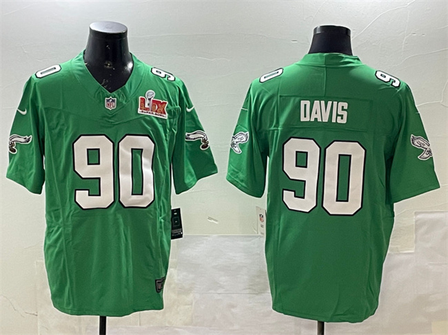 Personalized Men’s Philadelphia Eagles #90 Jordan Davis Green 2025 Super Bowl LIX Patch F.U.S.E. Throwback Untouchable Limited Stitched Football Jersey