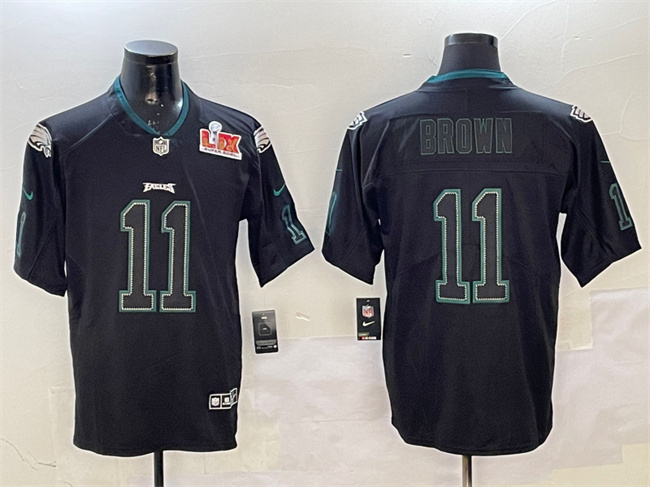 Personalized Men’s Philadelphia Eagles #11 A.J. Brown Lights Out Black 2025 Super Bowl LIX Patch Color Rush Untouchable Limited Stitched Football Jersey