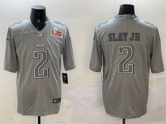 Personalized Men’s Philadelphia Eagles #2 Darius Slay Jr. Grey 2025 Super Bowl LIX Patch Atmosphere Fashion Untouchable Limited Stitched Football Jersey