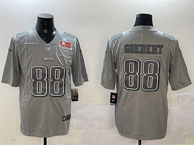 Personalized Men’s Philadelphia Eagles #88 Dallas Goedert Grey 2025 Super Bowl LIX Patch Atmosphere Fashion Untouchable Limited Stitched Football Jersey