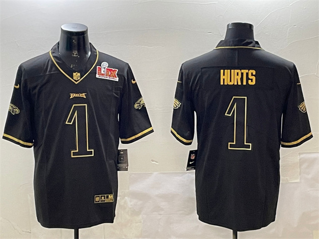 Personalized Men’s Philadelphia Eagles #1 Jalen Hurts Black Gold 2025 Super Bowl LIX Patch Salute To Service Untouchable Limited Stitched Football Jersey