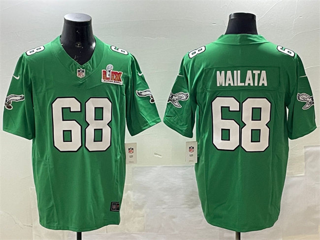 Personalized Men’s Philadelphia Eagles #68 Jordan Mailata Green 2025 Super Bowl LIX Patch F.U.S.E. Throwback Untouchable Limited Stitched Football Jersey