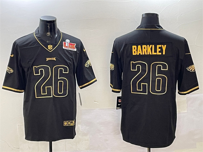 Personalized Men’s Philadelphia Eagles #26 Saquon Barkley Black Gold 2025 Super Bowl LIX Patch Salute To Service Untouchable Limited Stitched Football Jersey
