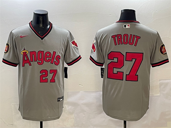 Personalized Men’s Los Angeles Angels #27 Mike Trout Grey With Patch Stitched Baseball Jersey