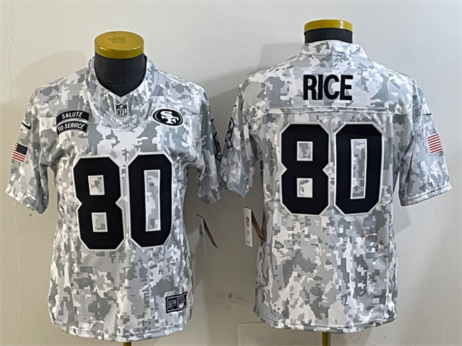 Personalized Women’s San Francisco 49ers #80 Jerry Rice 2024 F.U.S.E Arctic Camo Salute To Service Limited Stitched Jersey(Run Small)