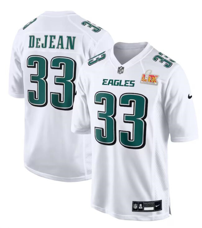 Personalized Men’s Philadelphia Eagles #33 Cooper DeJean White 2025 Super Bowl LIX Patch Fashion Football Stitched Game Jersey