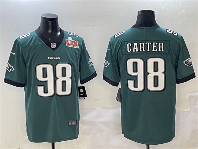 Personalized Men’s Philadelphia Eagles #98 Jalen Carter Green 2025 Super Bowl LIX Patch New Untouchable Limited Stitched Football Jersey
