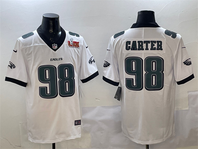 Personalized Men’s Philadelphia Eagles #98 Jalen Carter White 2025 Super Bowl LIX Patch New Untouchable Limited Stitched Football Jersey