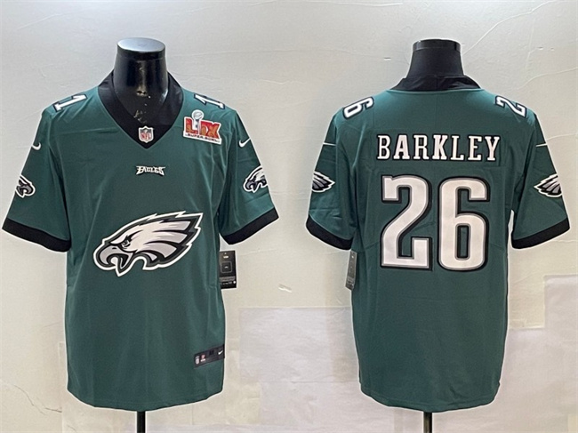 Personalized Men’s Philadelphia Eagles #26 Saquon Barkley Green 2025 Super Bowl LIX Patch Team Big Logo Untouchable Limited Stitched Football Jersey
