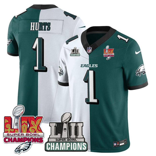 Personalized Men’s Philadelphia Eagles #1 Jalen Hurts White Green Split 2025 LII-LIX Super Bowl Champions Patch F.U.S.E. Untouchable Limited Stitched Football Jersey
