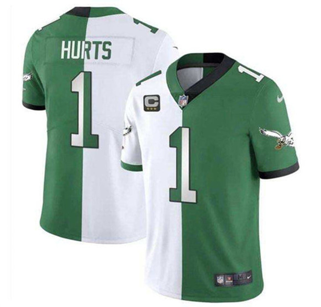 Personalized Men’s Philadelphia Eagles #1 Jalen Hurts Green White Split 2025 With 3-Star C Patch Limited Stitched Football Jersey