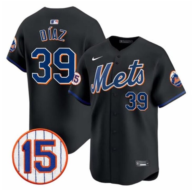 Personalized Men’s New York Mets #39 Edwin Diaz Black Jerry Grote Patch Premier Limited Stitched Baseball Jersey
