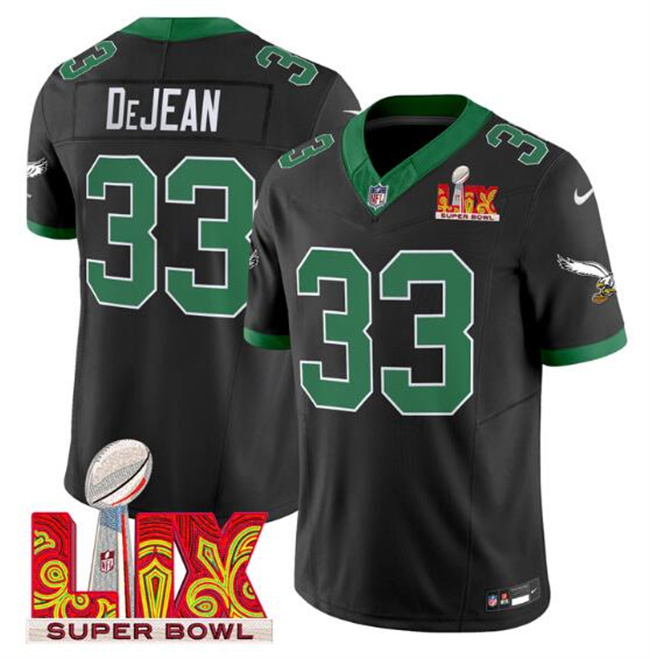 Personalized Men’s Philadelphia Eagles #33 Cooper DeJean Black 2025 Super Bowl LIX Patch F.U.S.E. Untouchable Limited Stitched Football Jersey