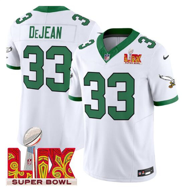 Personalized Men’s Philadelphia Eagles #33 Cooper DeJean White 2025 Super Bowl LIX Patch F.U.S.E. Untouchable Limited Stitched Football Jersey