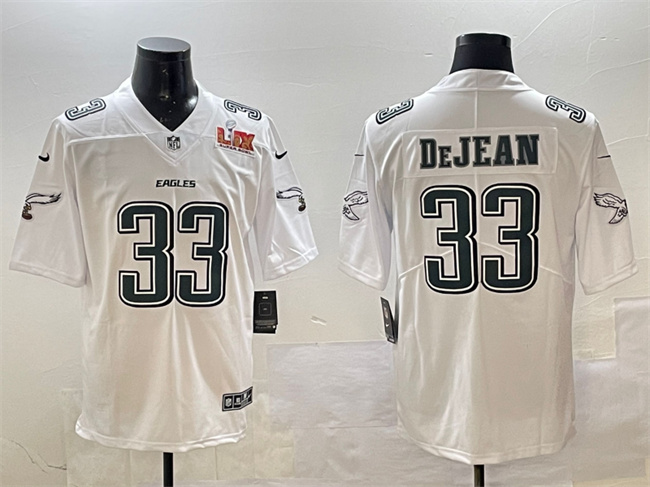 Personalized Men’s Philadelphia Eagles #33 Cooper DeJean White 2025 Super Bowl LIX Patch Fashion New Untouchable Limited Stitched Football Jersey