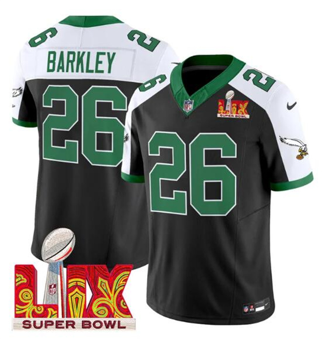 Personalized Men’s Philadelphia Eagles #26 Saquon Barkley Black White 2025 Super Bowl LIX Patch F.U.S.E. Untouchable Limited Stitched Football Jersey