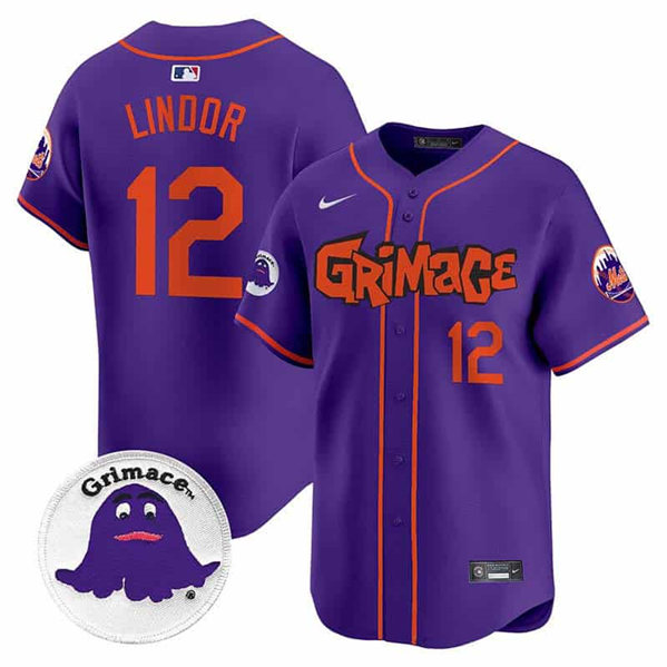 Personalized Men’s New York Mets #12 Francisco Lindor Purple Grimace V2 Limited Stitched Baseball Jersey