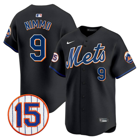 Personalized Men’s New York Mets #9 Brandon Nimmo Black Jerry Grote Patch Premier Limited Stitched Baseball Jersey