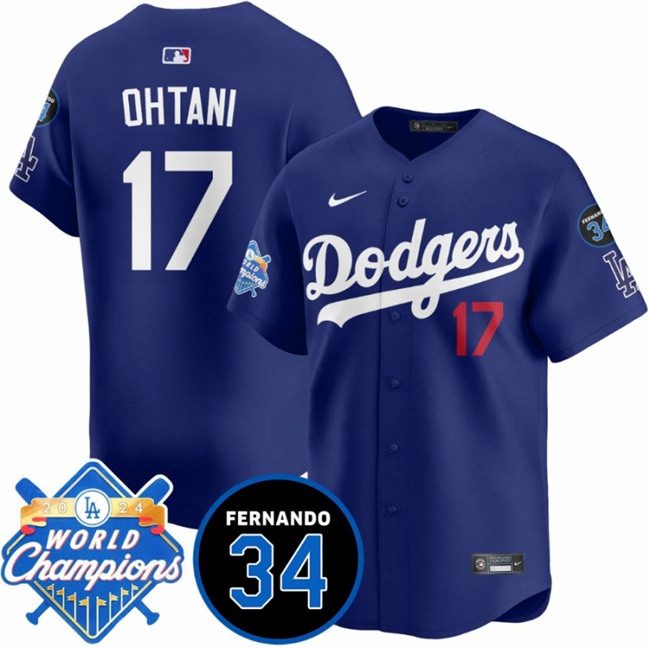 Personalized Men’s Los Angeles Dodgers #17 Shohei Ohtani Royal 2024 World Champions & Fernando Memorial Patch Premier Limited Stitched Baseball Jersey
