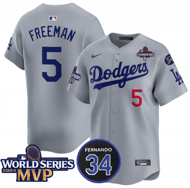 Personalized Men’s Los Angeles Dodgers #5 Freddie Freeman Grey 2024 World Series MVP & Fernando Memorial Patch Premier Limited Stitched Baseball Jersey