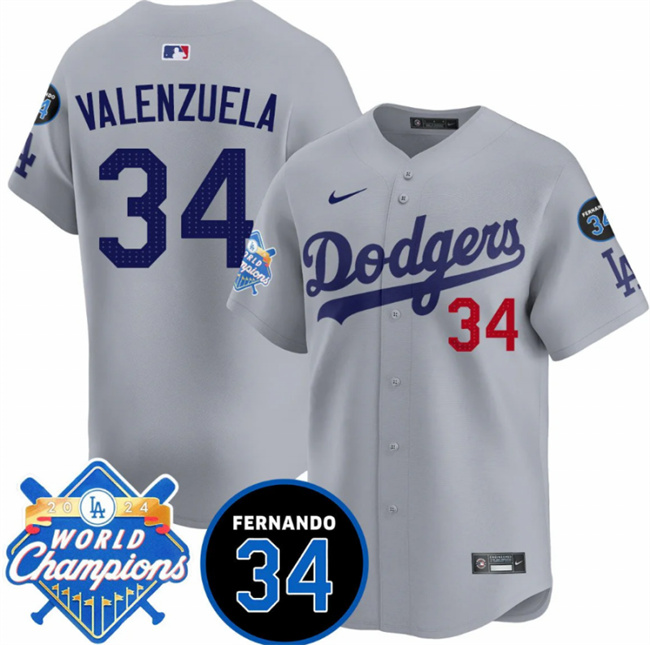 Personalized Men’s Los Angeles Dodgers #34 Fernando Valenzuela Grey 2024 World Champions & Fernando Memorial Patch Premier Limited Stitched Baseball Jersey