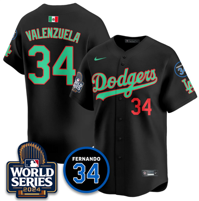 Personalized Men’s Los Angeles Dodgers #34 Fernando Valenzuela Black Mexico 2024 World Series & Fernando Memorial Patch Premier Limited Stitched Baseball Jersey