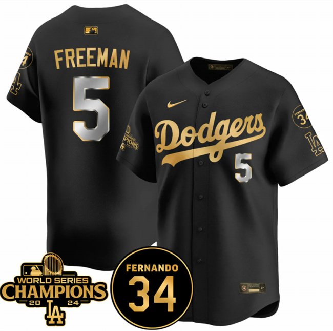 Personalized Men’s Los Angeles Dodgers #5 Freddie Freeman Black Gold 2024 World Series Champions & Fernando Memorial Patch Premier Limited Stitched Baseball Jersey