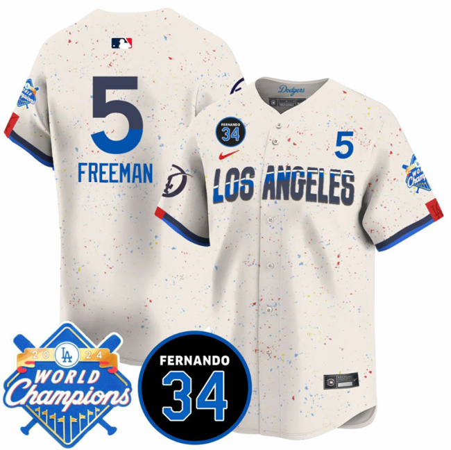 Personalized Men’s Los Angeles Dodgers #5 Freddie Freeman Cream 2024 World Champions & Fernando Memorial Patch City Connect Premier Limited Stitched Baseball Jersey