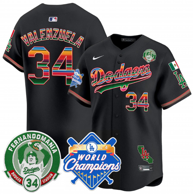 Personalized Men’s Los Angeles Dodgers #34 Fernando Valenzuela Black Mexico Fernando Valenzuela & 2024 World Champions Patch Premier Limited Stitched Baseball Jersey