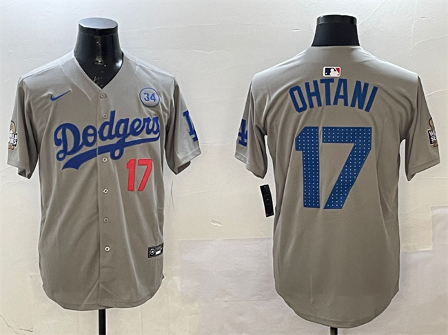 Personalized Men’s Los Angeles Dodgers #17 Shohei Ohtani Grey 2024 World Series With No. 34 Patch Limited Stitched Baseball Jersey
