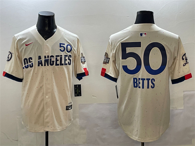 Personalized Men’s Los Angeles Dodgers #50 Mookie Betts Cream 2024 World Series Patch City Connect Limited Stitched Baseball Jersey
