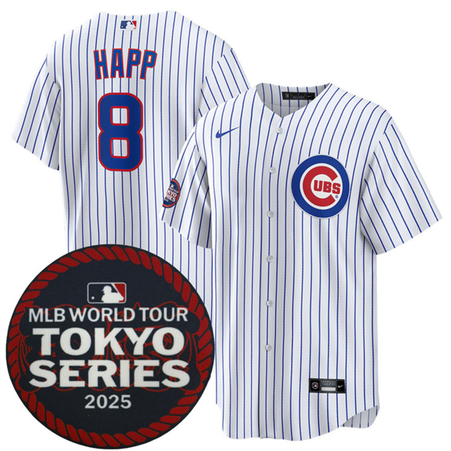 Personalized Men’s Chicago Cubs #8 Ian Happ White 2025 World Tour Tokyo Series Home Stitched Baseball Jersey