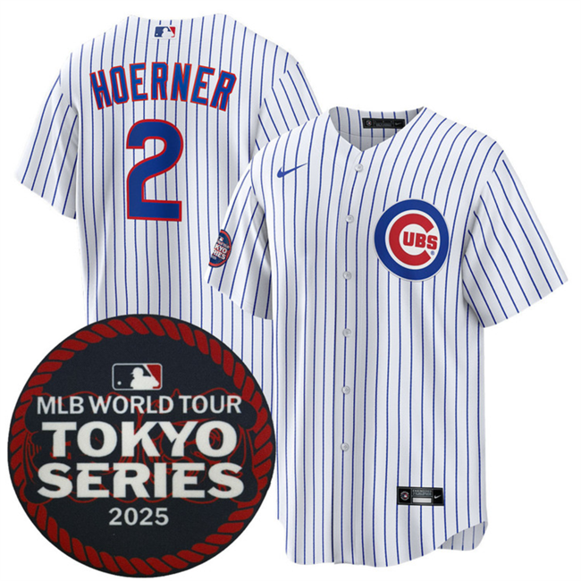 Personalized Men’s Chicago Cubs #2 Nico Hoerner White 2025 World Tour Tokyo Series Home Stitched Baseball Jersey