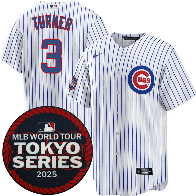 Personalized Men’s Chicago Cubs #3 Justin Turner White 2025 World Tour Tokyo Series Home Stitched Baseball Jersey