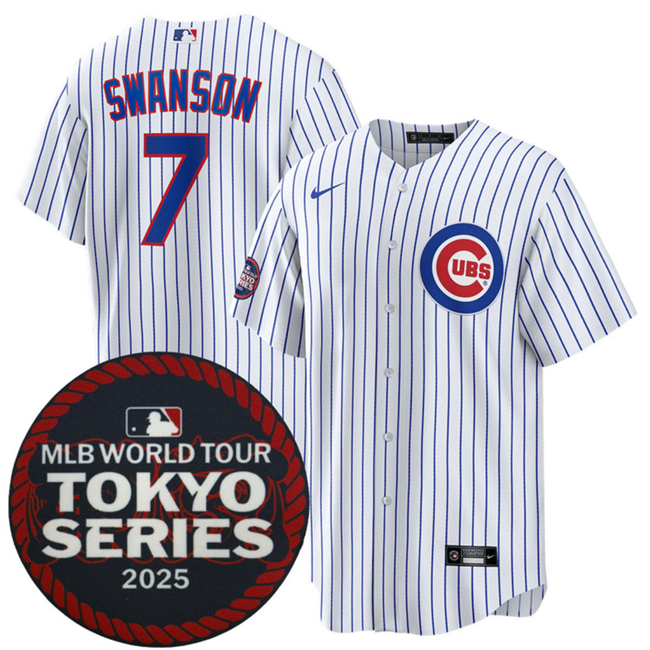 Personalized Men’s Chicago Cubs #7 Dansby Swanson White 2025 World Tour Tokyo Series Home Stitched Baseball Jersey