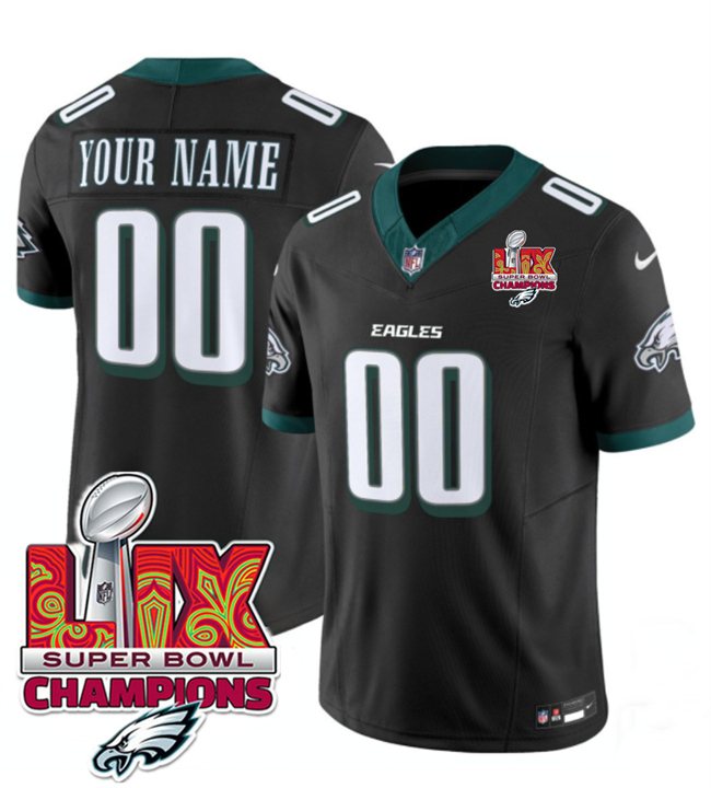Personalized Men’s Philadelphia Eagles Active Player Black 2025 Eagles Logo Super Bowl LIX Patch New F.U.S.E. Limited Stitched Football Jersey