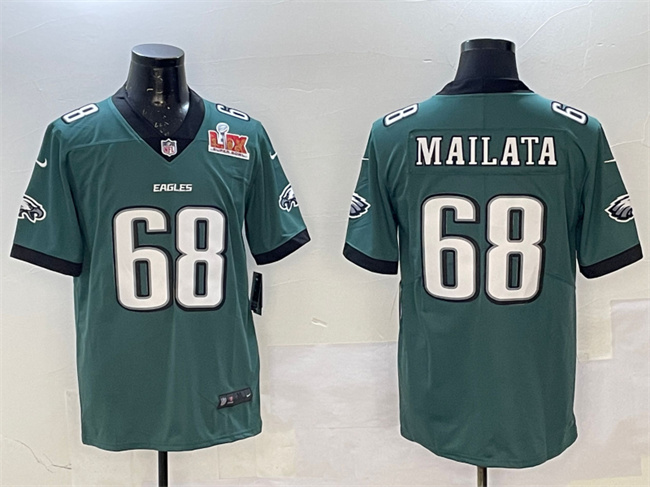 Personalized Men’s Philadelphia Eagles #68 Jordan Mailata Green 2025 Super Bowl LIX Patch New Untouchable Limited Stitched Football Jersey