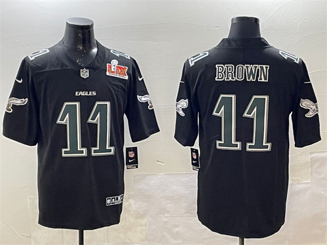 Personalized Men’s Philadelphia Eagles #11 A. J. Brown Black 2025 Super Bowl LIX Patch Fashion New Untouchable Limited Stitched Football Jersey