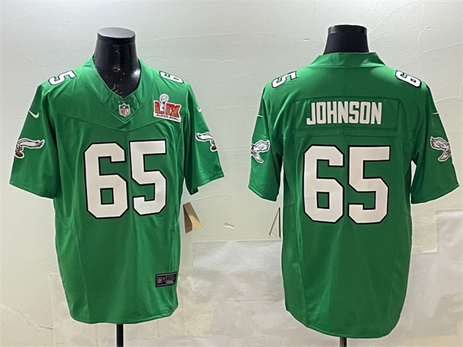 Personalized Men’s Philadelphia Eagles #65 Lane Johnson Green 2025 Super Bowl LIX Patch F.U.S.E. Throwback Untouchable Limited Stitched Football Jersey