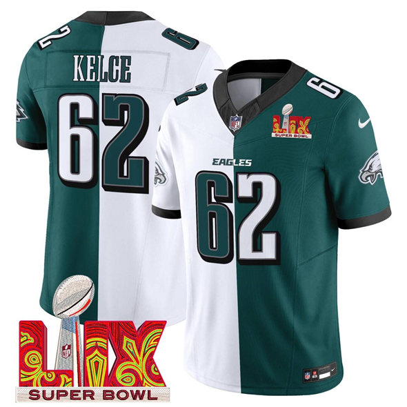 Personalized Men’s Philadelphia Eagles #62 Jason Kelce White Green Split 2025 Super Bowl LIX Patch F.U.S.E. Untouchable Limited Stitched Football Jersey
