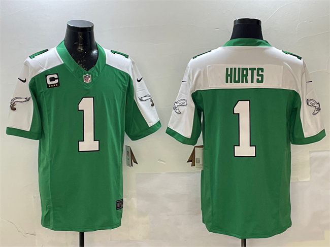 Personalized Men’s Philadelphia Eagles #1 Jalen Hurts Green White F.U.S.E. 4-Star C Patch Untouchable Limited Stitched Football Jersey