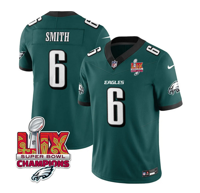 Personalized Men’s Philadelphia Eagles #6 DeVonta Smith Green 2025 Eagles Logo Super Bowl LIX Patch New F.U.S.E. Limited Stitched Football Jersey