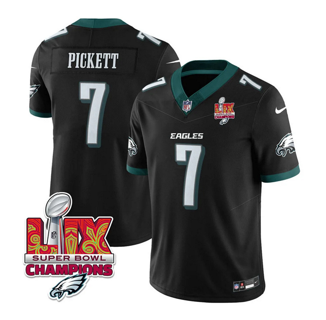 Personalized Men’s Philadelphia Eagles #7 Kenny Pickett Black 2025 Eagles Logo Super Bowl LIX Patch New F.U.S.E. Limited Stitched Football Jersey